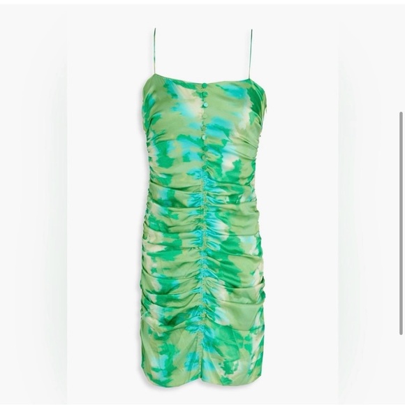 GANNI Green Ruched Silk Mini Dress NWT | Size 4 | Vacation & Y2K Vibes - Picture 1 of 4